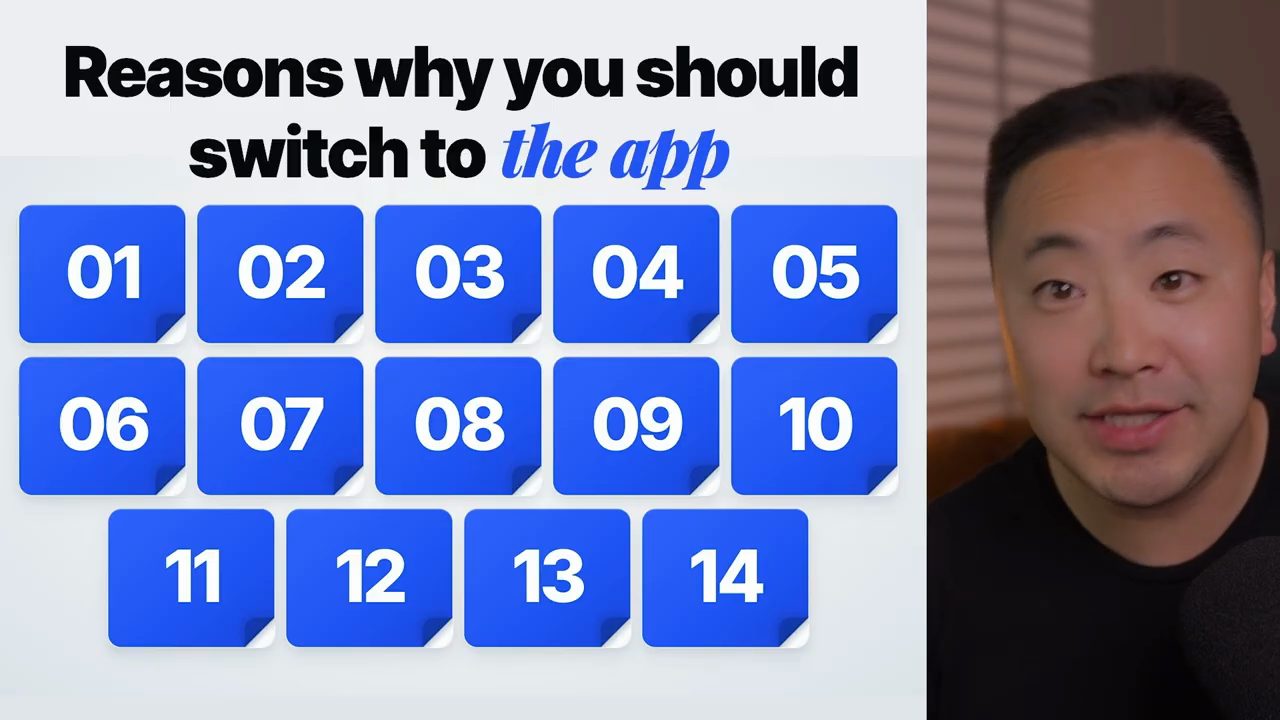 Slide Reasons why you should switch to the app với 14 ô số màu xanh, John ngồi bên phải