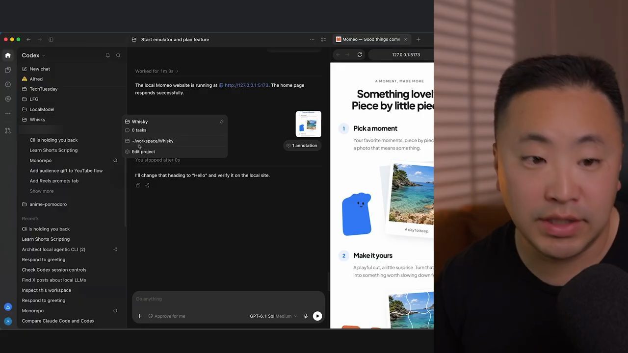 Codex app với thread bên trái và website Momeo đang chạy ở khung bên phải, có một annotation