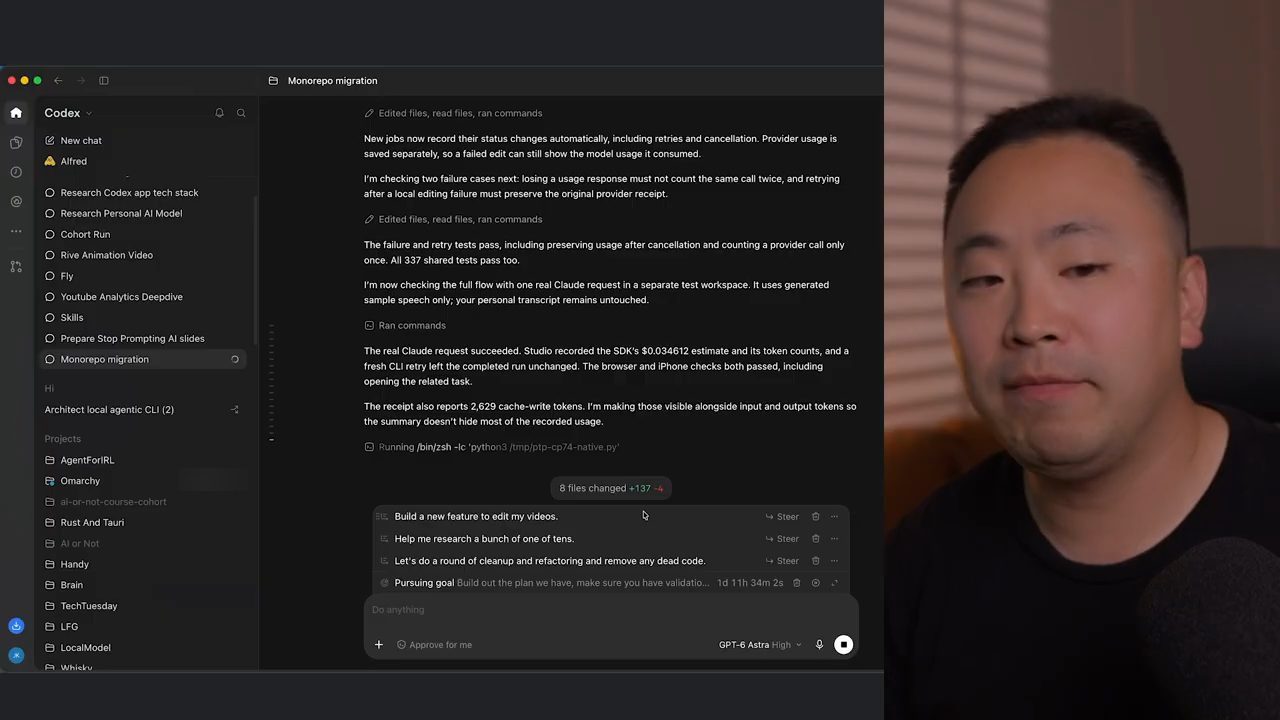 Thread Monorepo migration trong Codex app với ba prompt đang xếp hàng phía trên dòng Pursuing goal