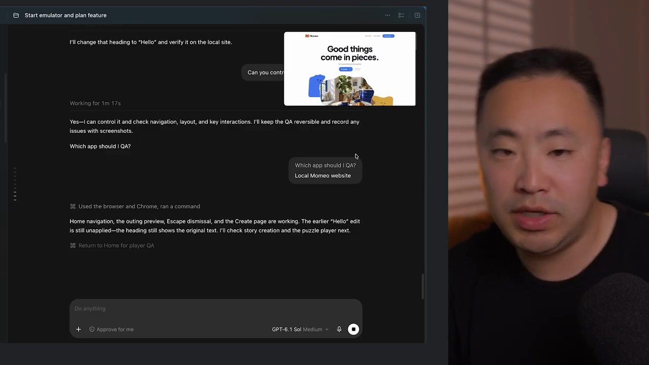 Thread Codex app đang QA website Momeo, góc trên phải có khung xem trước màn hình mà app đang điều khiển
