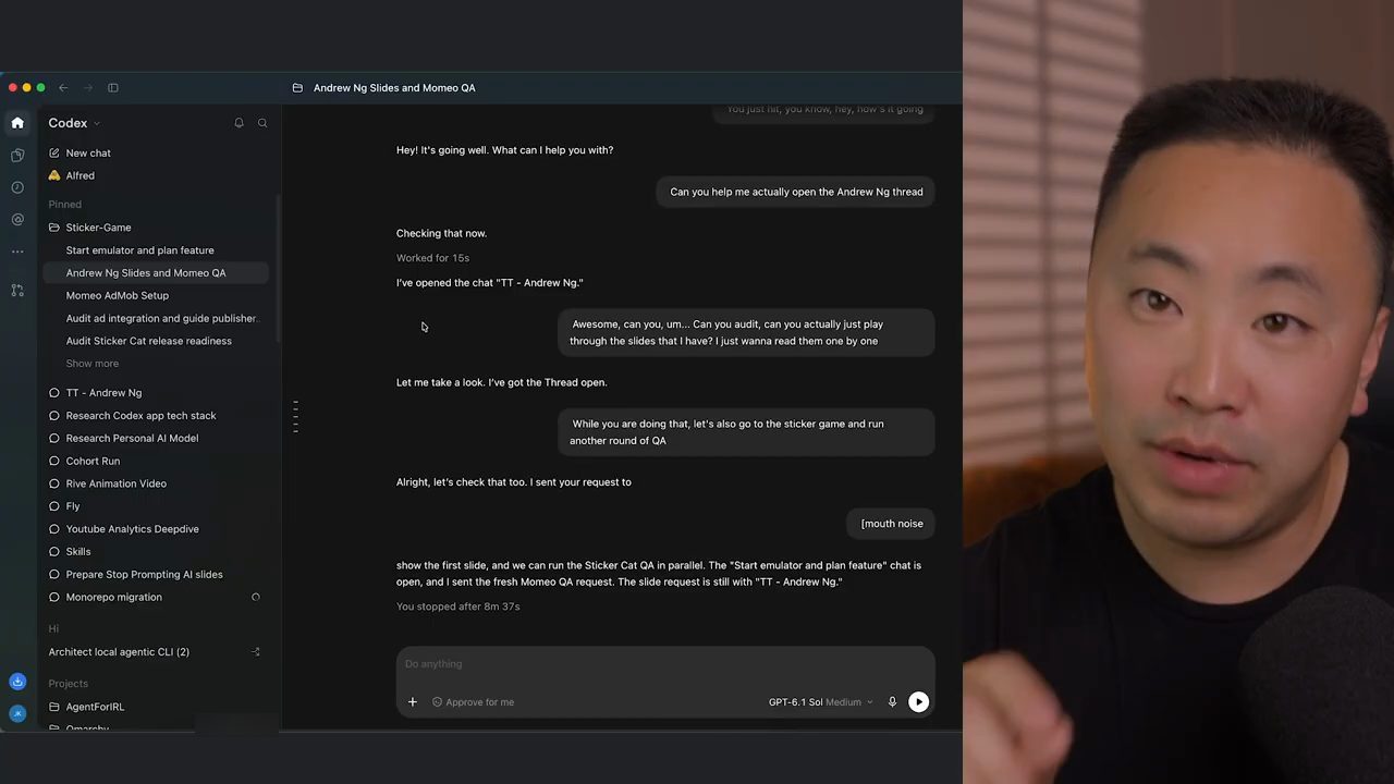 Thread Andrew Ng Slides and Momeo QA ghi lại toàn bộ cuộc voice call giữa John và app