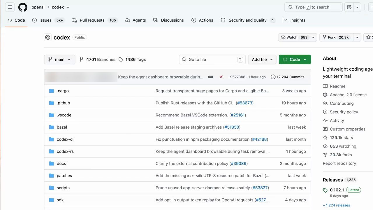 Trang GitHub của repo openai/codex với danh sách thư mục và phần About