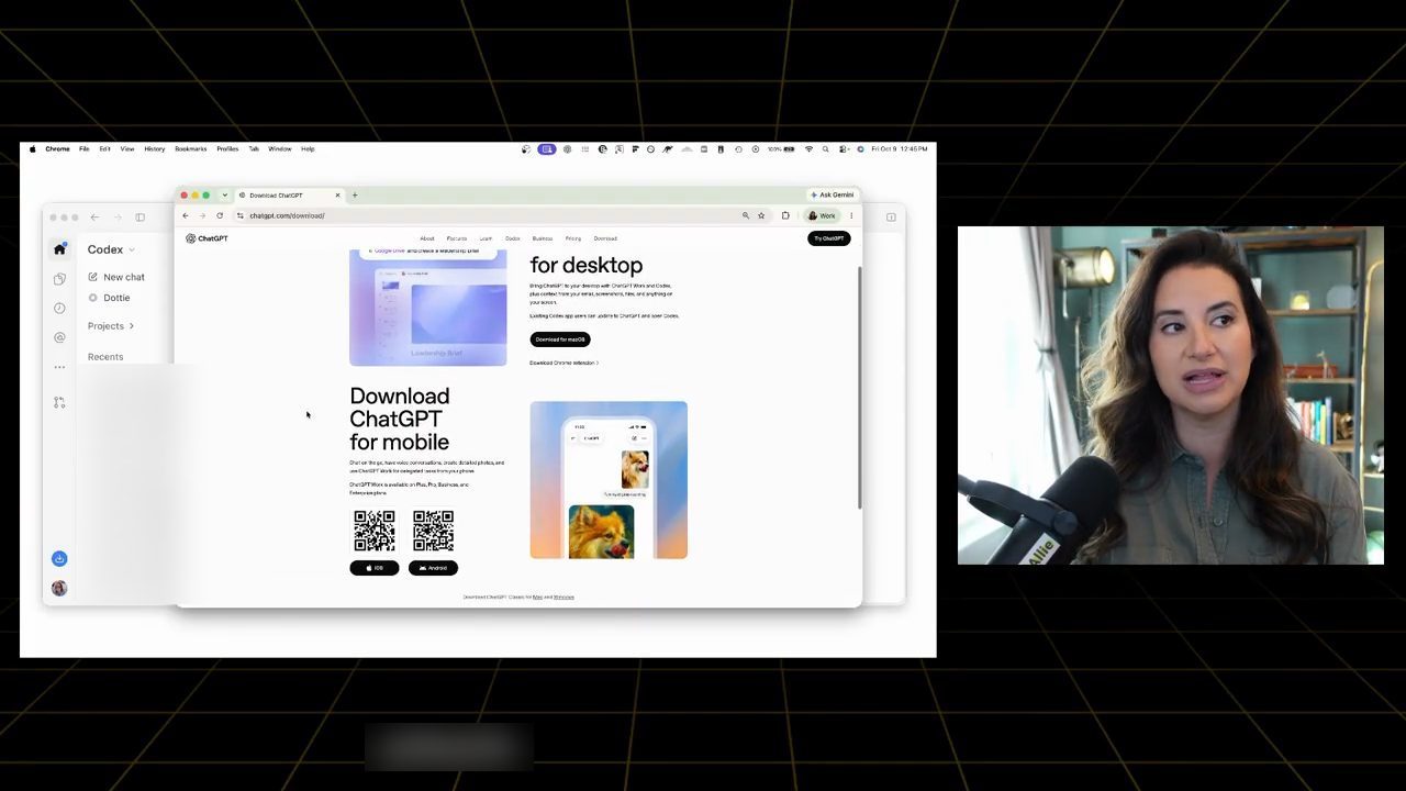 Trang tải ChatGPT với hai mục: for desktop có nút Download for macOS, và for mobile có hai mã QR iOS và Android