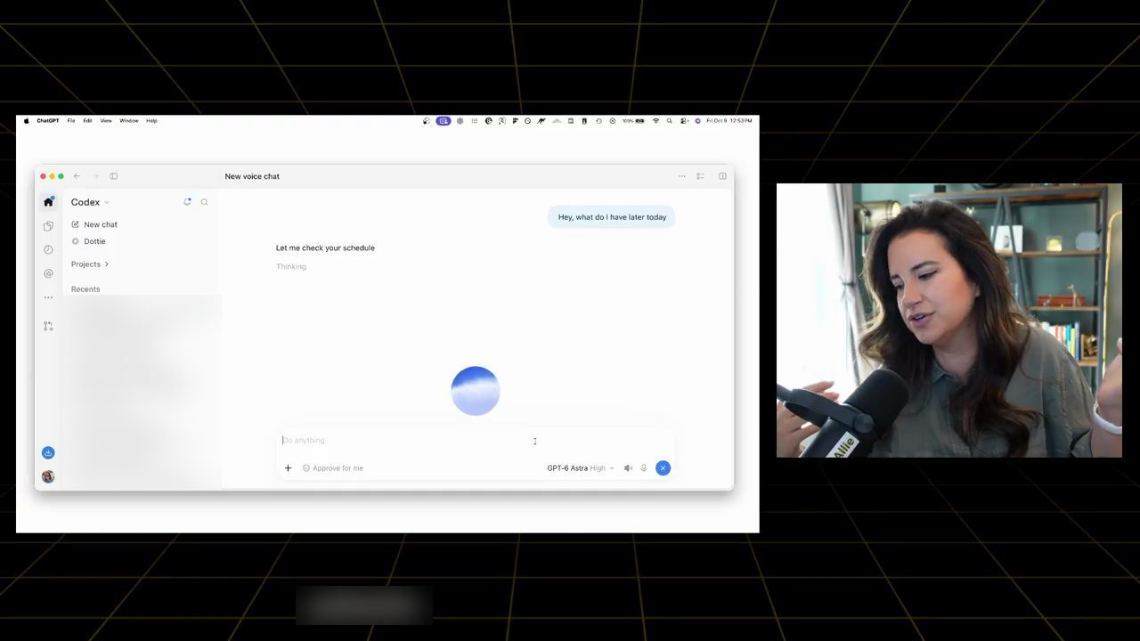 Một New voice chat trong Codex: Allie hỏi Hey, what do I have later today, app trả lời Let me check your schedule, có quả cầu voice ở giữa