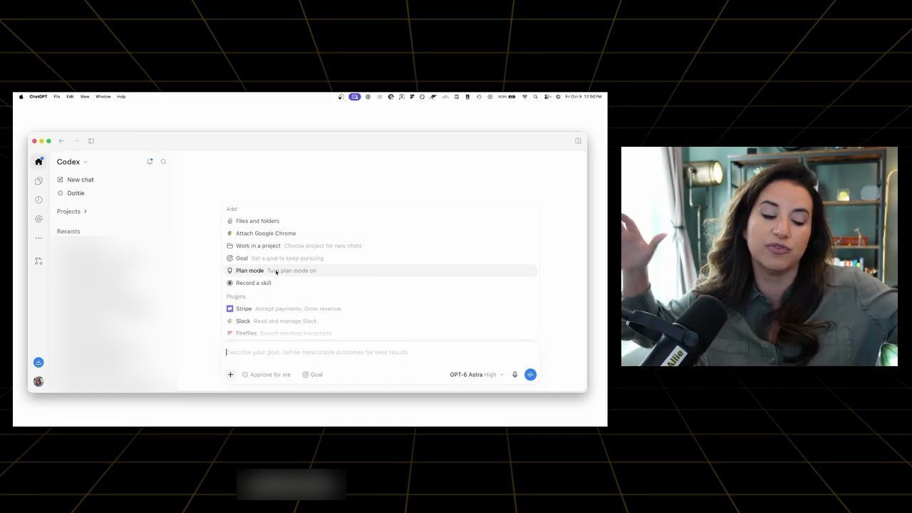 Menu dấu cộng trong Codex: Files and folders, Attach Google Chrome, Work in a project, Goal, Plan mode, Record a skill, và mục Plugins với Stripe, Slack, Fireflies