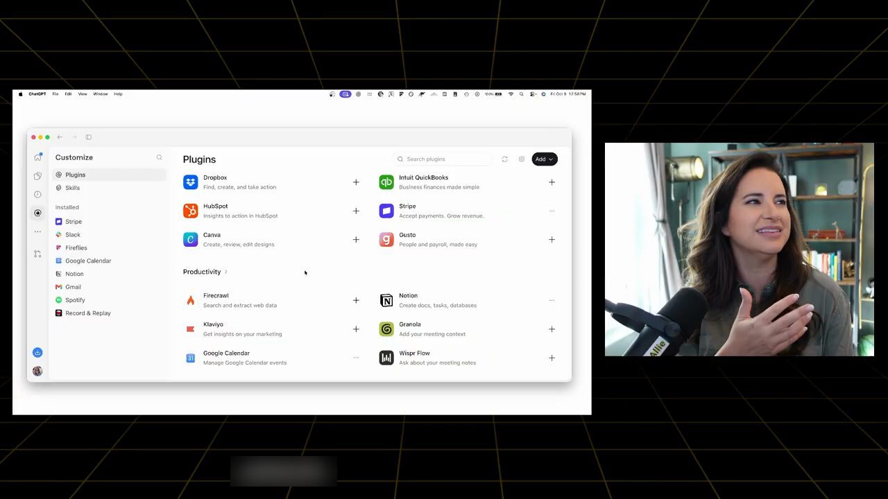 Trang Customize, Plugins trong Codex: cột Installed gồm Stripe, Slack, Fireflies, Google Calendar, Notion, Gmail, Spotify, Record and Replay; bên phải là Dropbox, HubSpot, Canva, QuickBooks, Stripe, Gusto, Firecrawl, Klaviyo, Google Calendar, Notion, Granola, Wispr Flow