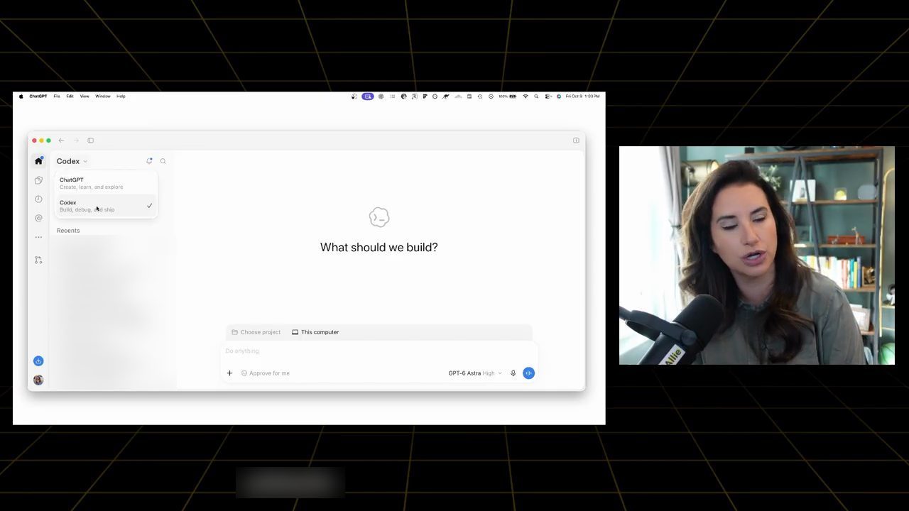 Dropdown ở góc trên bên trái app: ChatGPT (Create, learn, and explore) và Codex (Build, debug, and ship) đang được chọn