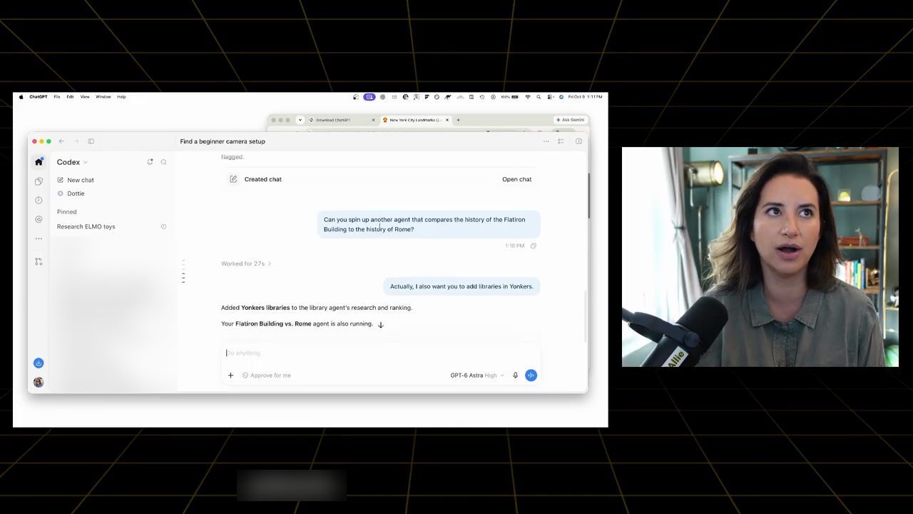 Chat trong Codex: Created chat cho agent thư viện, prompt so sánh Flatiron với Rome, câu steer thêm thư viện Yonkers và trả lời Added Yonkers libraries