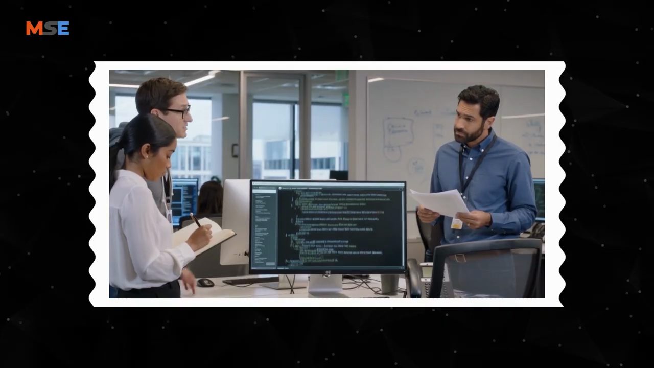 Ảnh minh hoạ một nhóm đứng quanh màn hình code, một người cầm giấy
