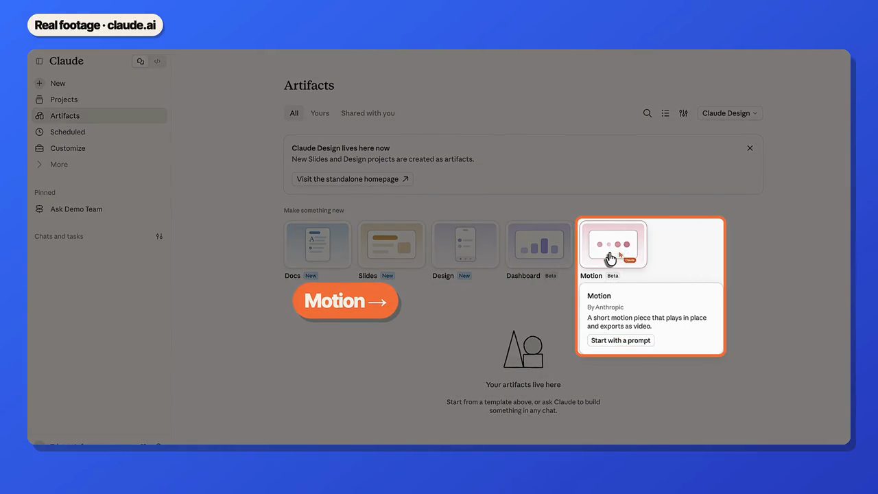 Trang Artifacts của Claude với các ô Docs, Slides, Design, Dashboard và Motion; ô Motion đang được chọn