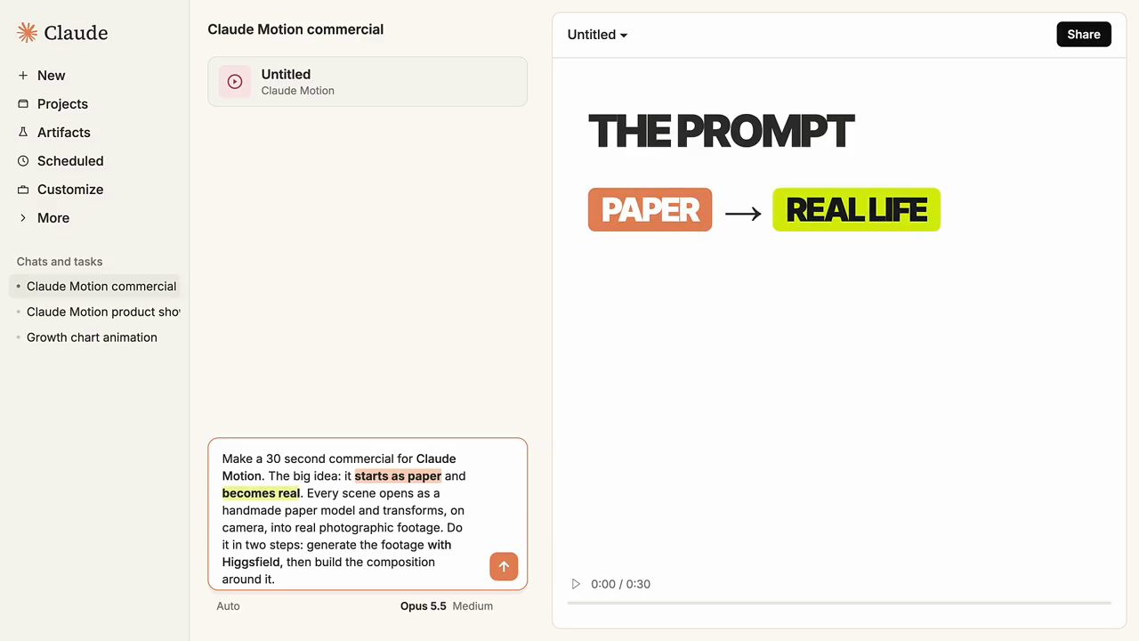 Prompt cho Claude Motion commercial: starts as paper and becomes real