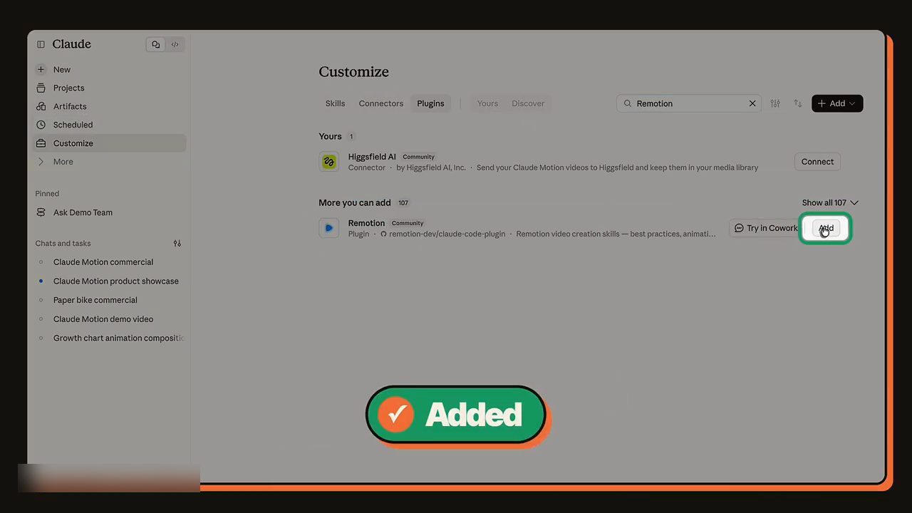 Trang Customize, tab Plugins, tìm Remotion và bấm Add