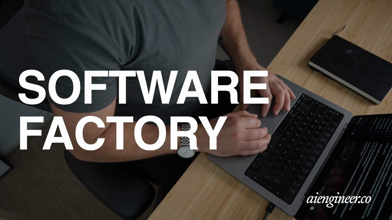 Cảnh mở đầu video: tay đang gõ trên laptop, chữ lớn SOFTWARE FACTORY