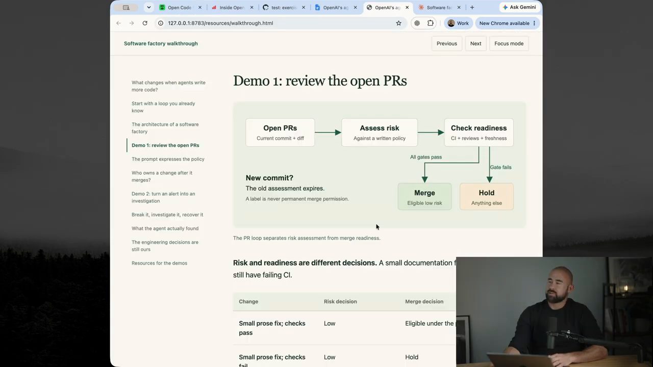 Trang Demo 1: review the open PRs với sơ đồ Open PRs, Assess risk, Check readiness, Merge hoặc Hold