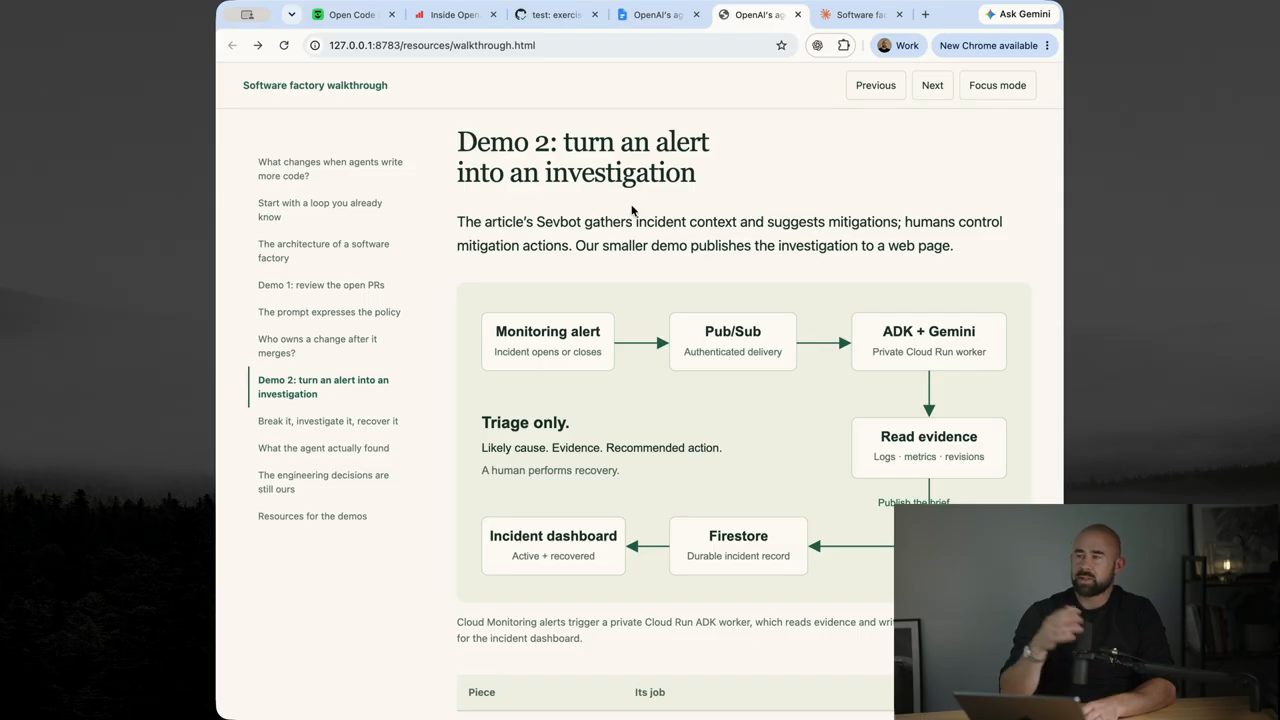 Trang Demo 2: turn an alert into an investigation với sơ đồ Monitoring alert, Pub/Sub, ADK + Gemini, Read evidence, Firestore, Incident dashboard