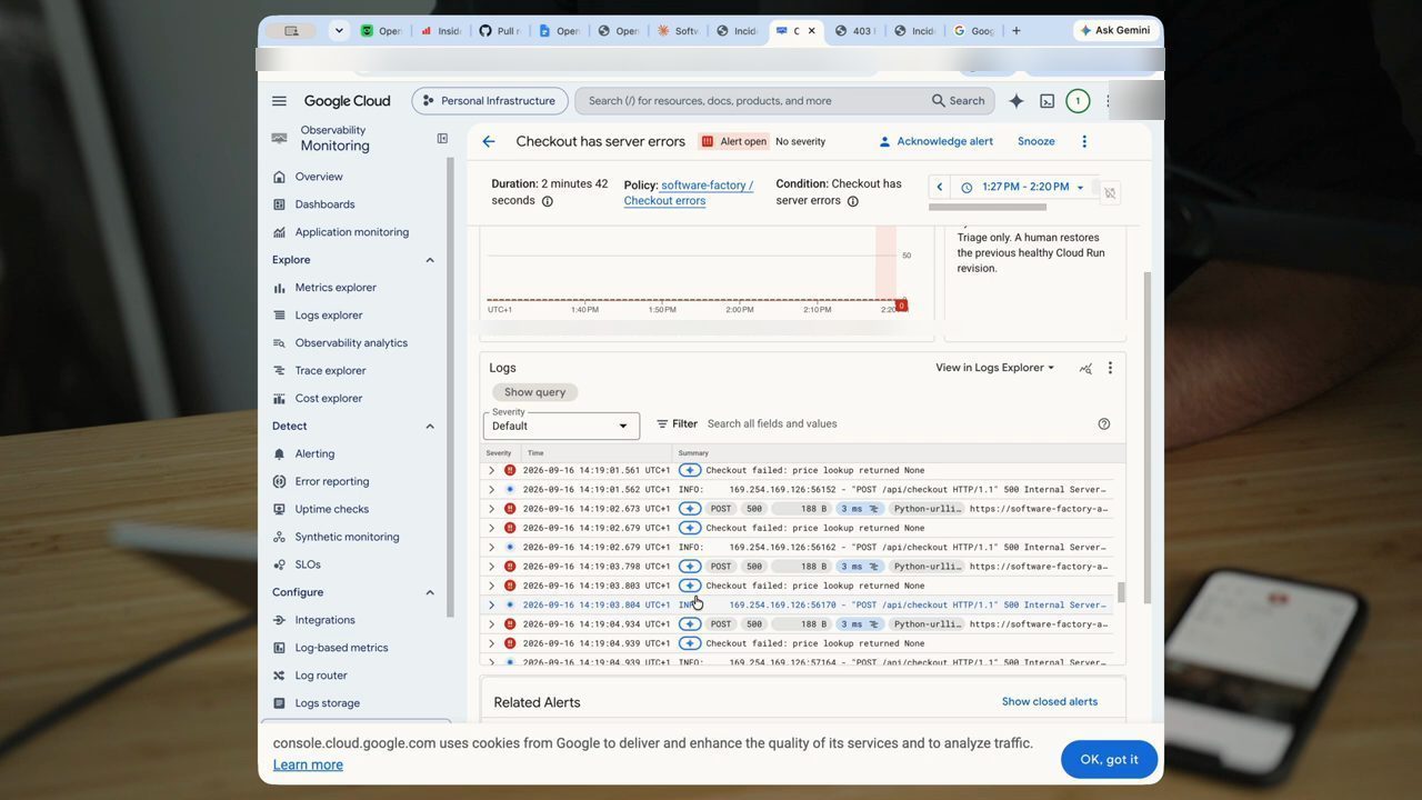 Google Cloud Monitoring với alert Checkout has server errors và log lỗi 500