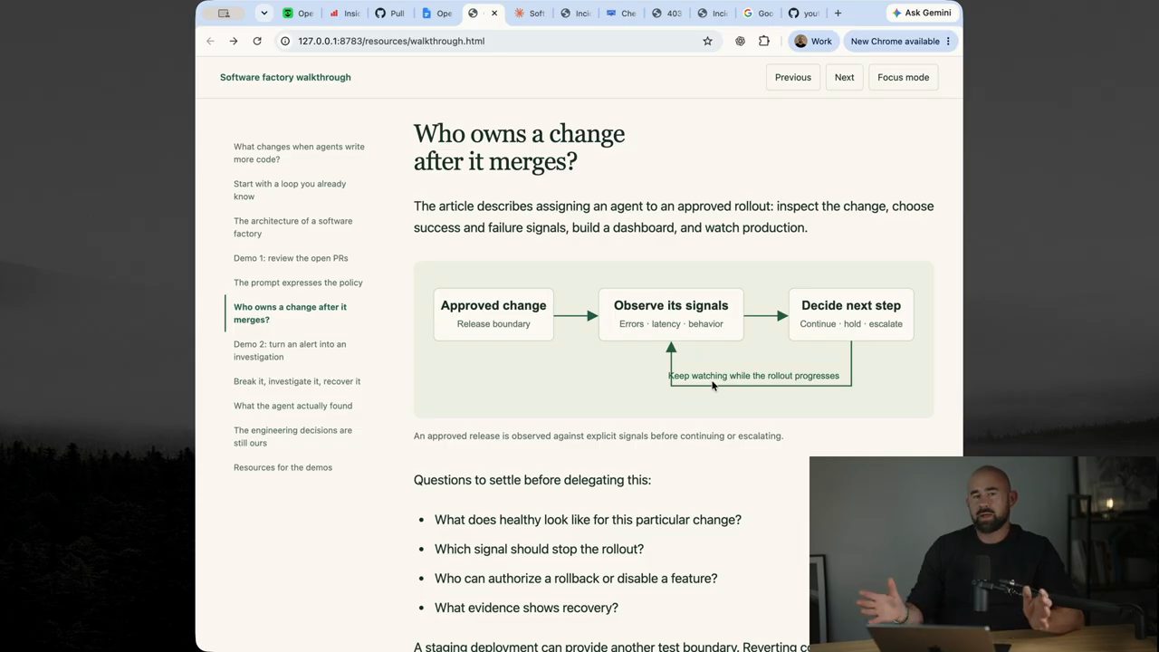 Trang Who owns a change after it merges với sơ đồ Approved change, Observe its signals, Decide next step