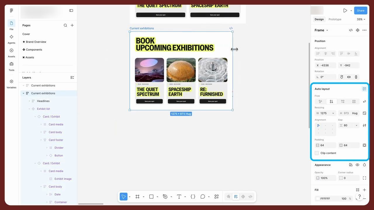 Frame Current exhibitions với ba card, panel Auto layout được khoanh nổi bật
