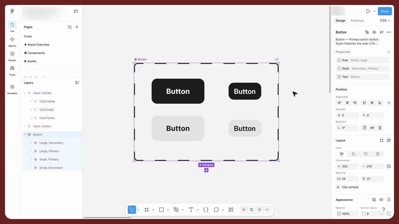 Component Button với 4 variants: Large và Small, Primary và Secondary