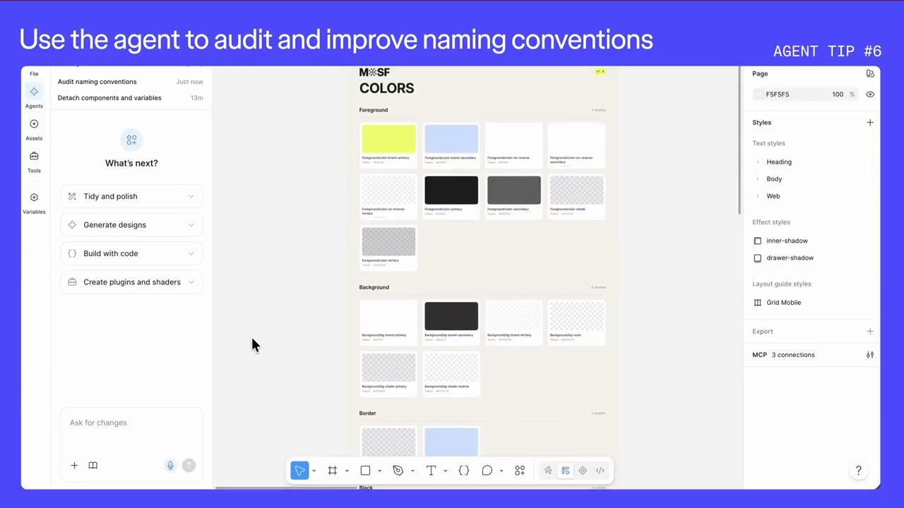 Agent tip #6: trang MOSF Colors với các nhóm Foreground, Background, Border và cuộc chat Audit naming conventions