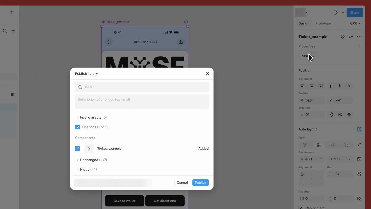 Hộp Publish library với component Ticket_example được đánh dấu Added