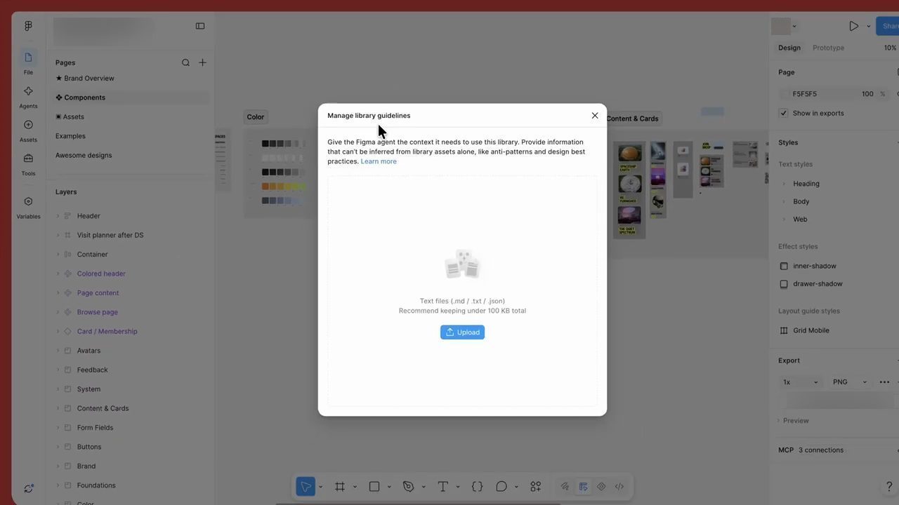 Hộp Manage library guidelines với nút Upload cho file .md, .txt, .json