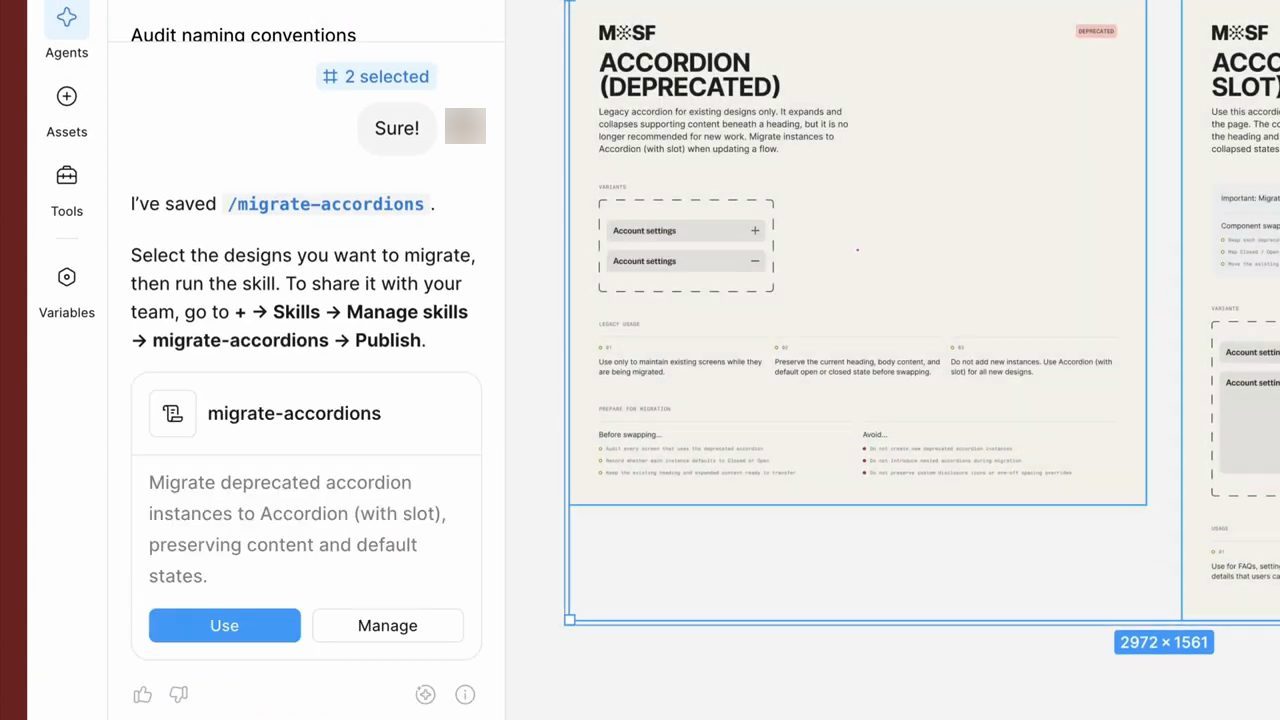 Agent báo đã lưu skill /migrate-accordions, bên cạnh trang Accordion (Deprecated)