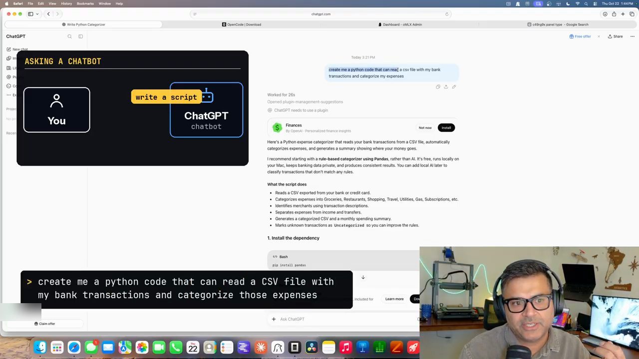 ChatGPT trong Safari trả lời yêu cầu viết script Python phân loại giao dịch ngân hàng, kèm thẻ Asking a chatbot