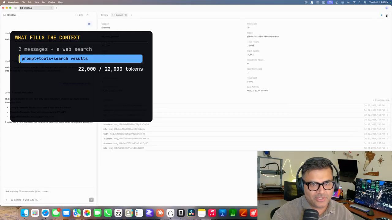 Tab Context của OpenCode: session Greeting, model gemma-4-26B-A4B, Total Tokens 22.038, Total Cost 0 đô, cạnh thẻ What fills the context