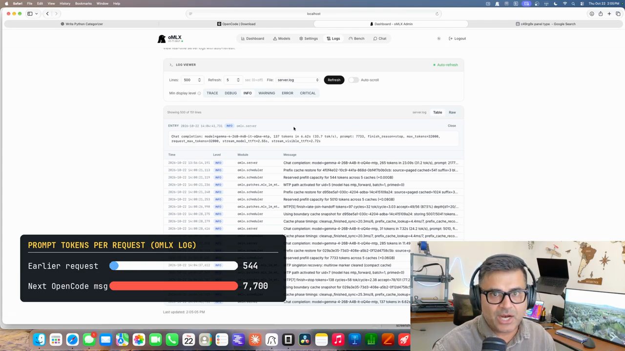 Trang Logs của oMLX dashboard với một entry Chat completion và thẻ so sánh prompt token 544 và 7.700