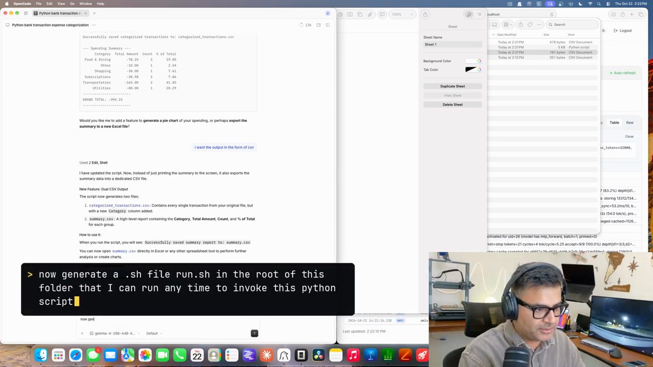 OpenCode hiển thị bảng Spending Summary theo nhóm với Grand Total, và ô đang gõ prompt tạo file run.sh