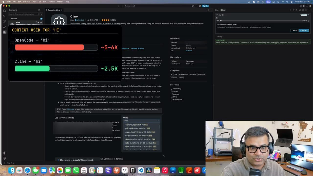 VS Code với trang extension Cline và khung chat Cline, thẻ Context used for hi: OpenCode khoảng 5 đến 6K, Cline khoảng 2.5K