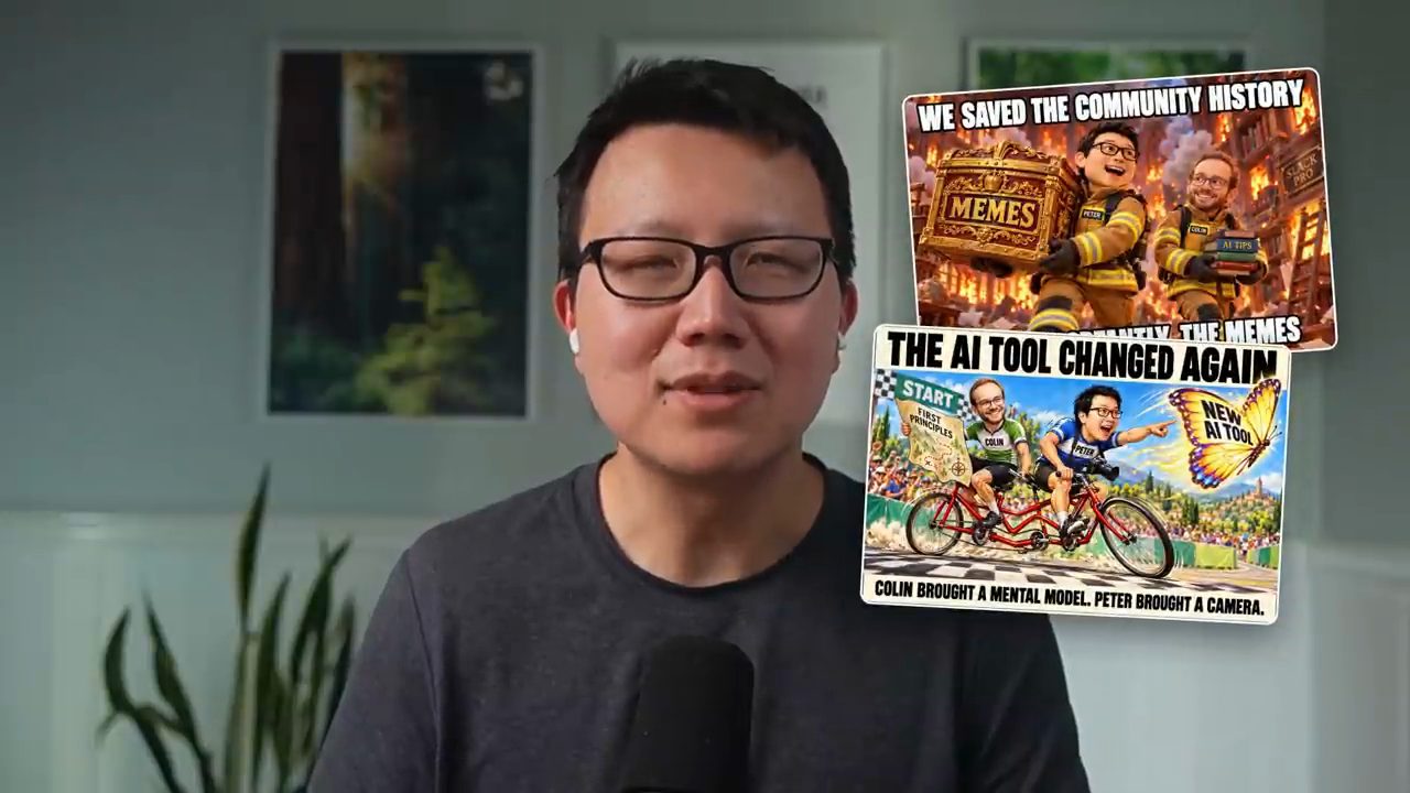 Hai meme do dot tạo hiện cạnh Peter: hai lính cứu hoả ôm rương MEMES, và hai người đạp xe đạp đôi đuổi theo con bướm New AI Tool