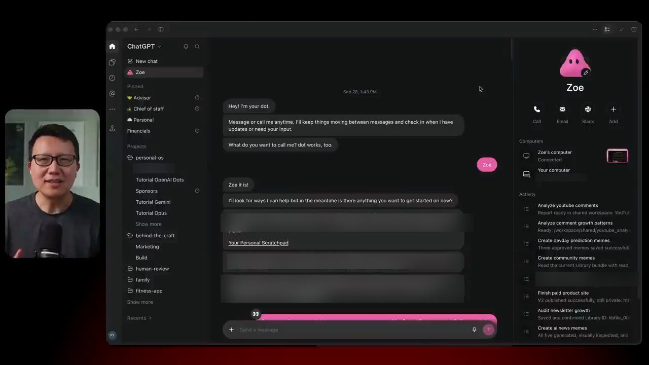 App ChatGPT với thread Zoe được ghim, khung chat với dot và trang profile bên phải gồm Call, Email, Slack, Add, mục Computers và Activity