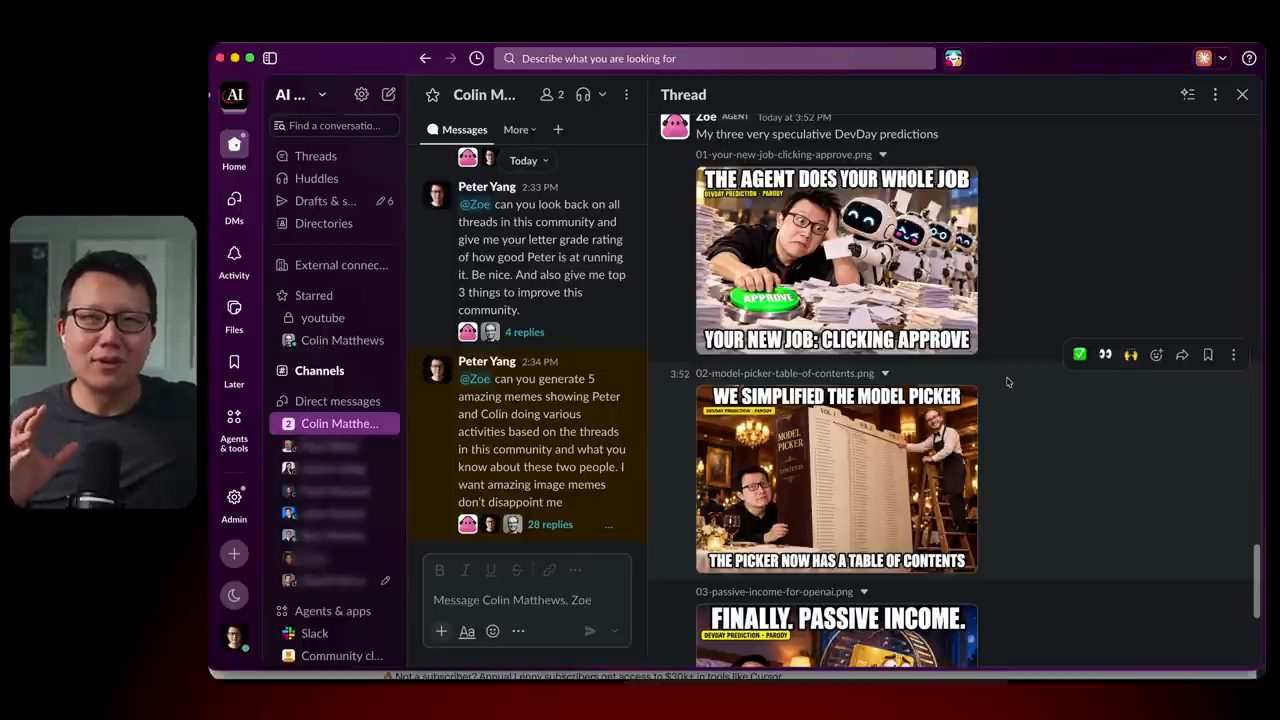 Thread Slack với ba meme dự đoán DevDay: The agent does your whole job, We simplified the model picker, Finally passive income