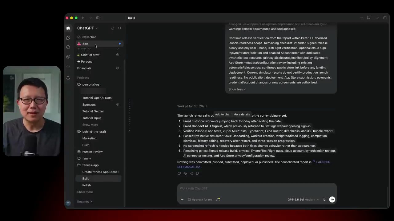 Build thread của app fitness trong ChatGPT: báo cáo launch rehearsal liệt kê bug đã sửa, test đã chạy và các cổng còn lại