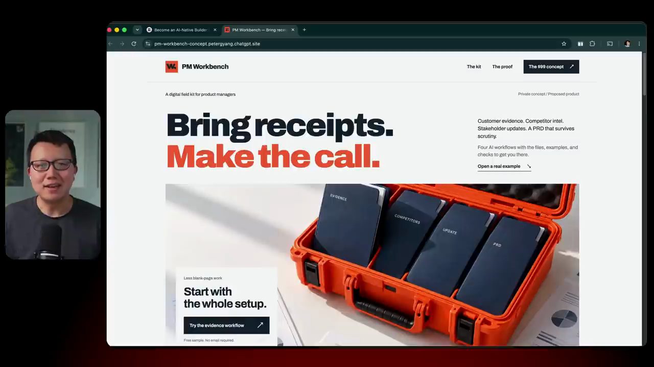 Trang PM Workbench với tiêu đề Bring receipts. Make the call. và ảnh một hộp đồ nghề màu cam chứa bốn tập hồ sơ