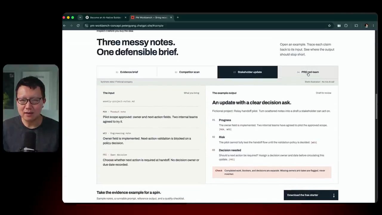 Phần Three messy notes. One defensible brief. với bốn tab và ví dụ Stakeholder update: input bên trái, output bên phải