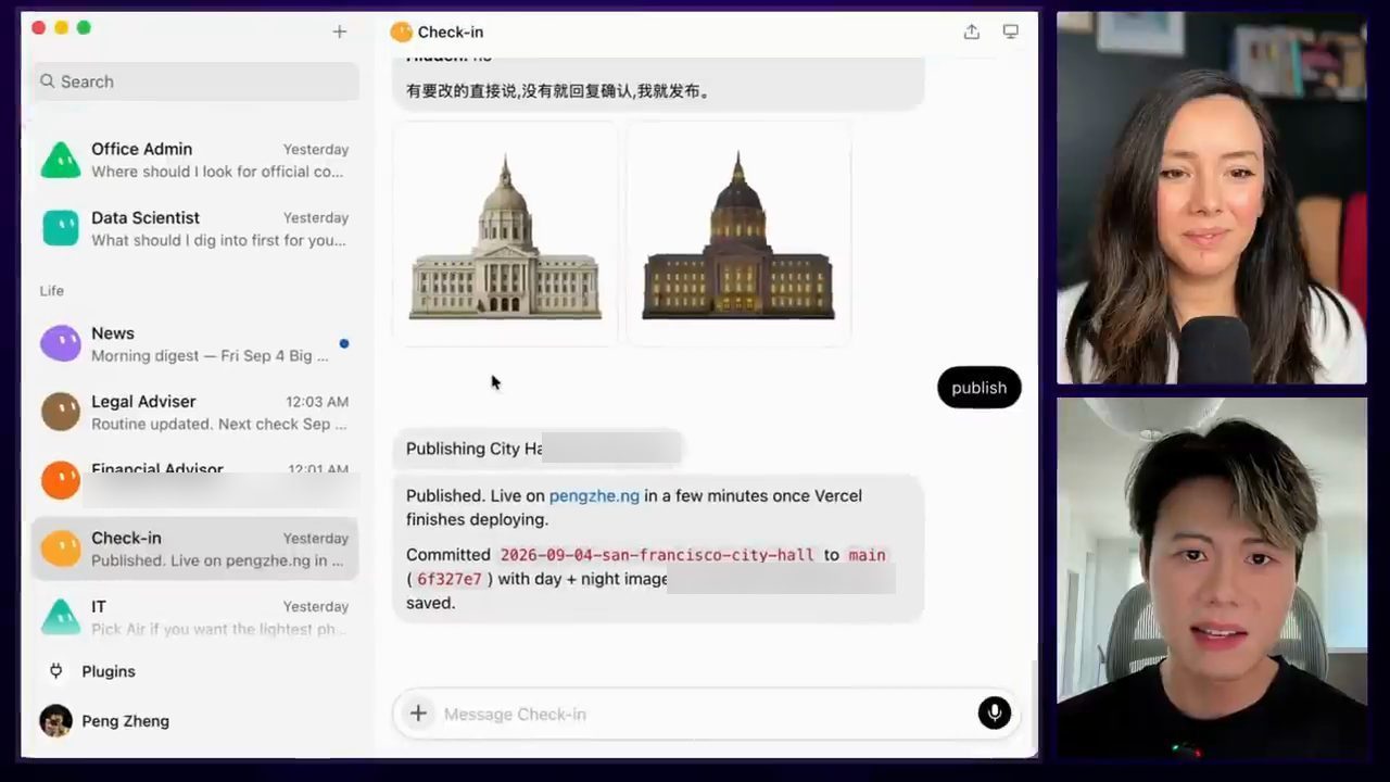 Cuộc trò chuyện với bot Check-in: hai ảnh tiểu cảnh City Hall ngày và đêm, lệnh publish và commit