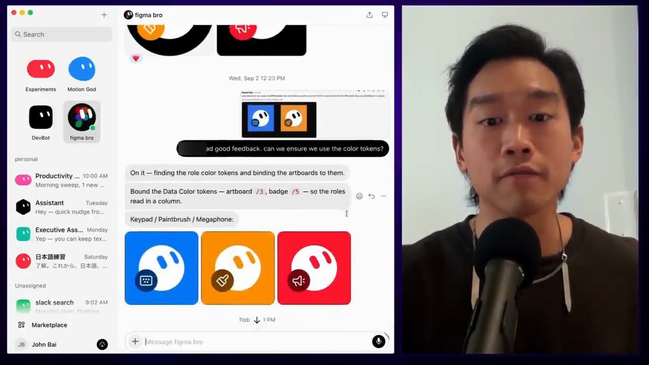 Bot figma bro áp color token lên ba icon Keypad, Paintbrush và Megaphone