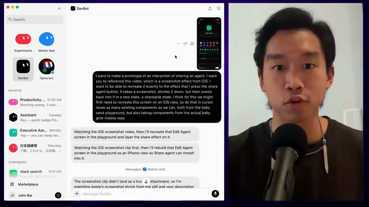 Bot DevBot nhận ảnh màn hình app mobile và prompt về hiệu ứng share agent