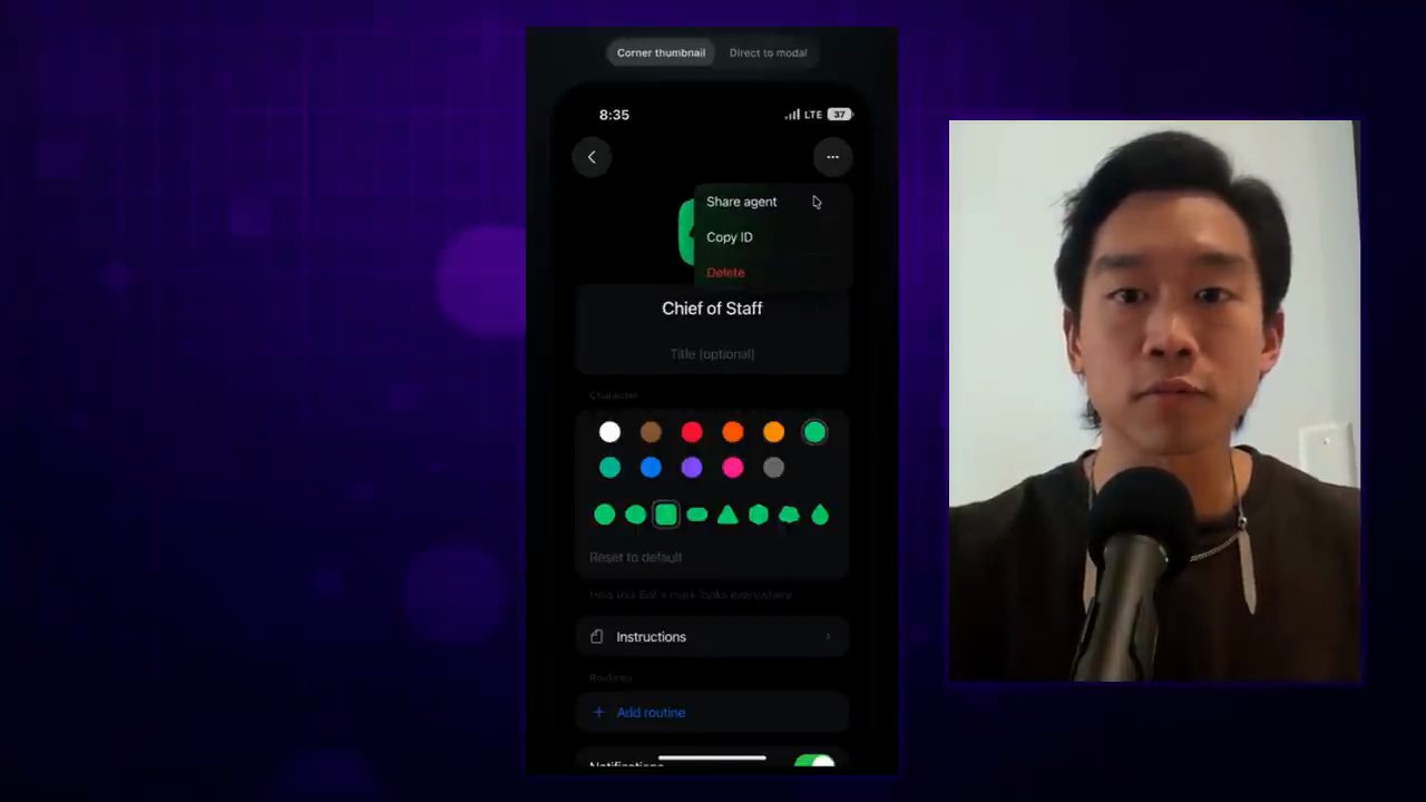 Prototype iPhone màn hình Chief of Staff với menu Share agent, Copy ID, Delete