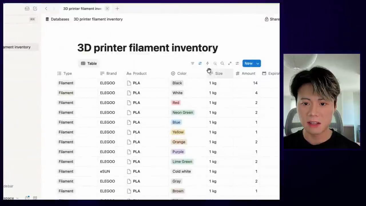 Bảng 3D printer filament inventory trong Notion