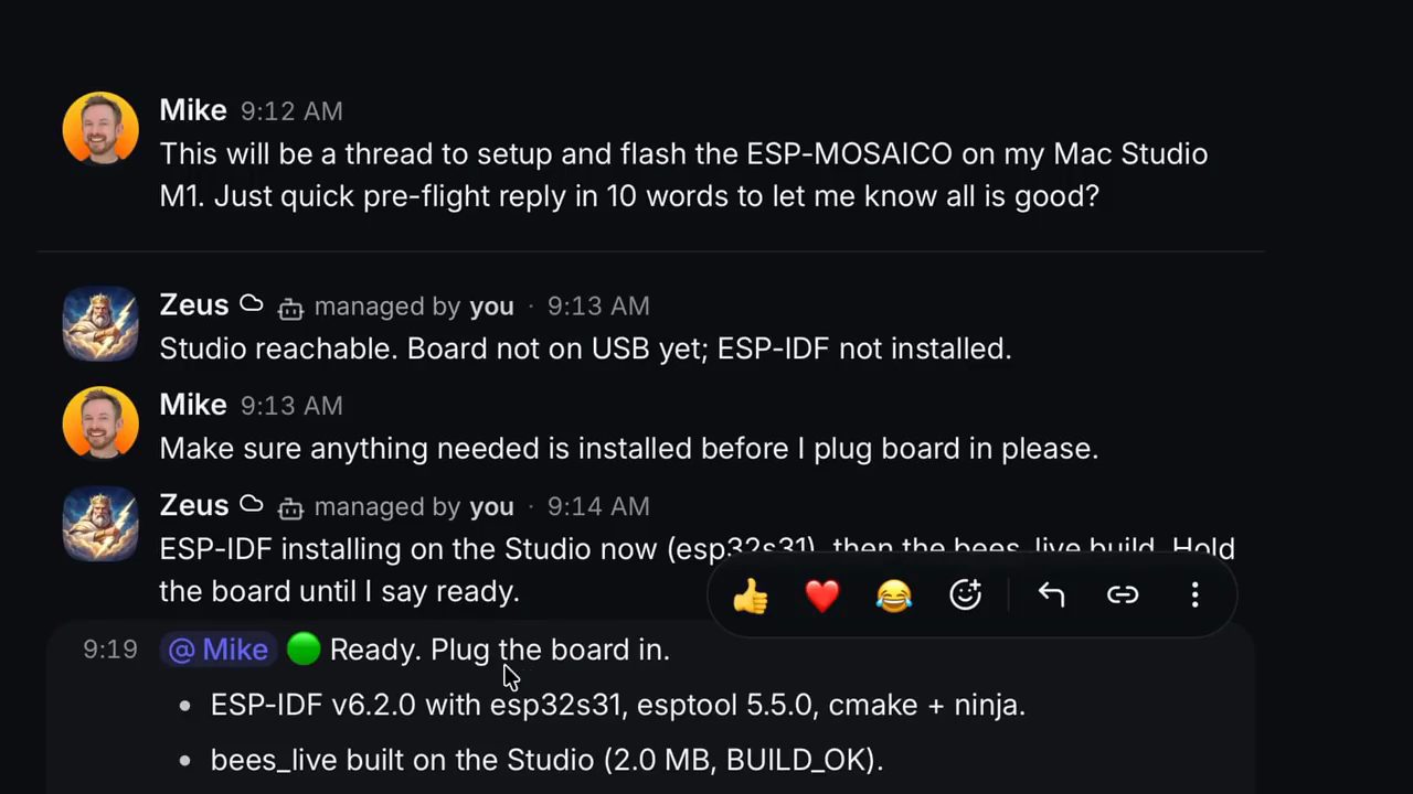 Luồng chat giữa Mike và agent Zeus về việc cài ESP-IDF và build bees_live