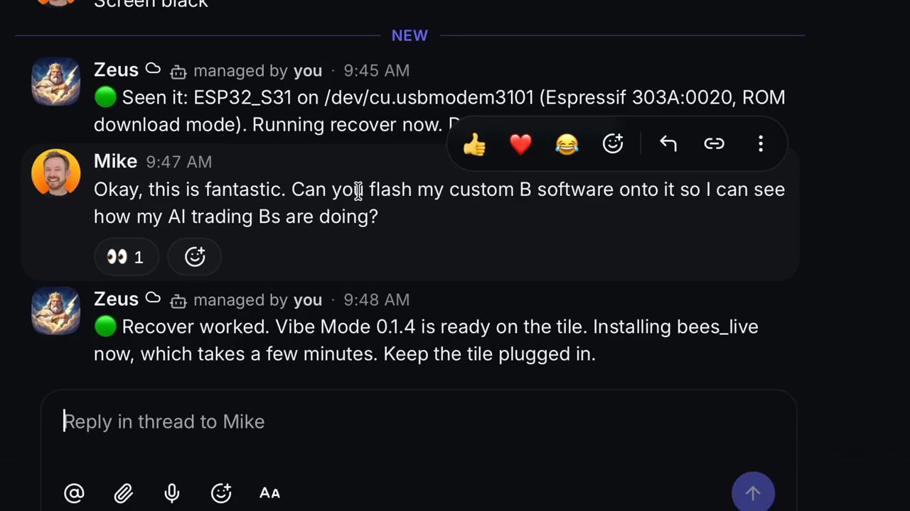 Luồng chat: agent thấy ESP32_S31 ở ROM download mode, Mike nhờ flash phần mềm ong, agent báo Recover worked