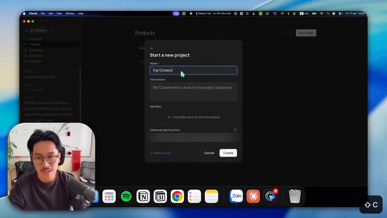 Hộp thoại Start a new project trong app Claude với tên Trại Creator