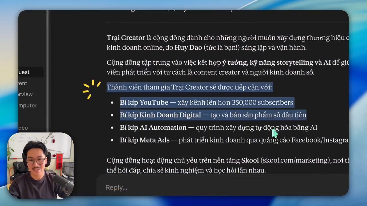 Câu trả lời của Claude mô tả Trại Creator với bốn bí kíp