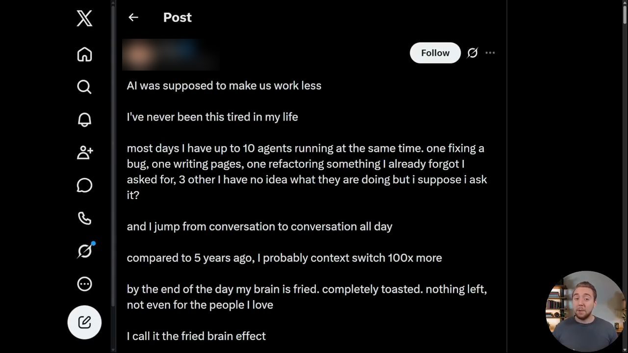 Một bài đăng trên X: AI was supposed to make us work less, I've never been this tired in my life