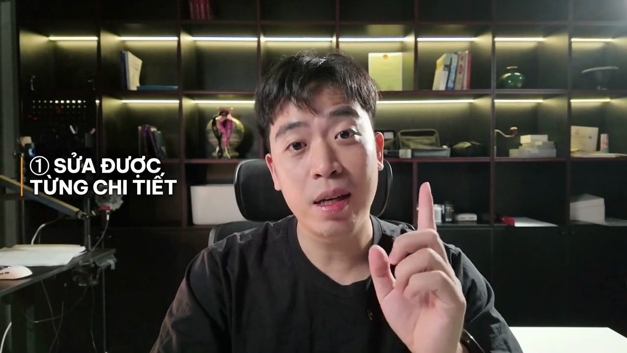 Thanh Trần giơ một ngón tay, chữ SỬA ĐƯỢC TỪNG CHI TIẾT trên màn hình