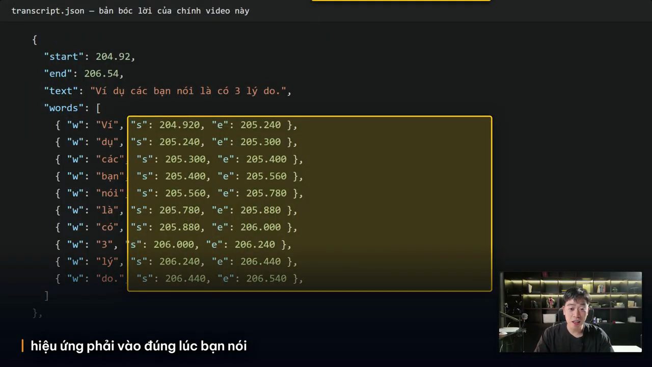 File JSON bản bóc lời của chính video, mỗi chữ có thời điểm bắt đầu và kết thúc